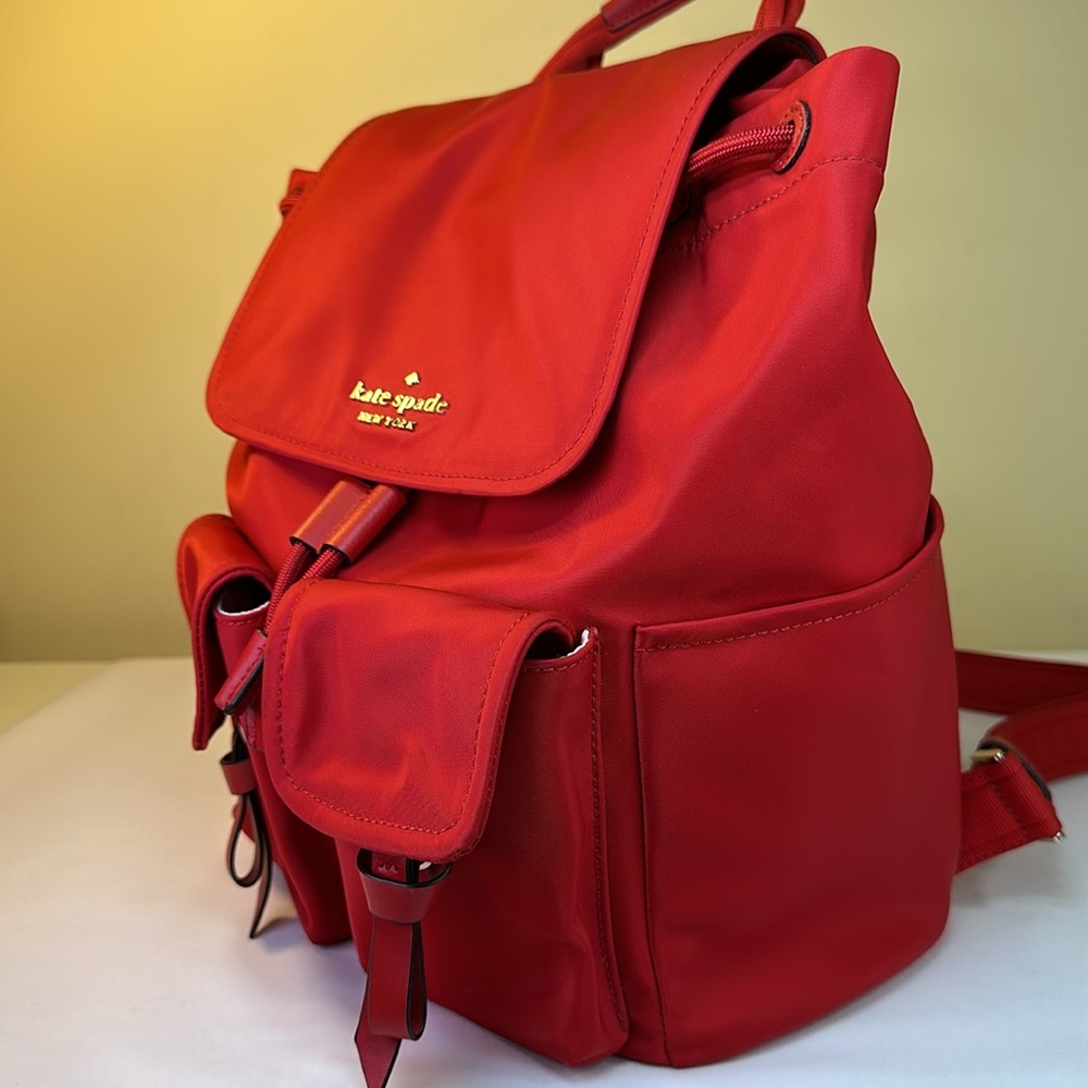 Kate Spade Carley Flap Red Backpack Nylon Red Leather Details - Picture 5 of 14
